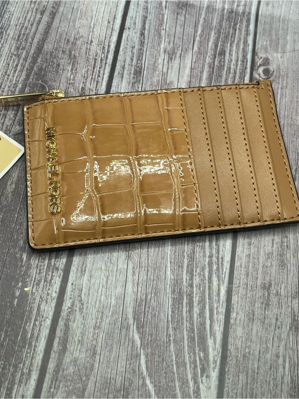 NWT MICHAEL KORS Jet Set Travel Croc Leather Zip Card Case Wallet - Camel/ Deer